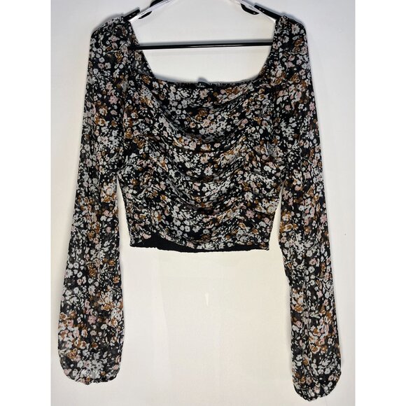 Lulu's Black Puff Sleeve Sheer Floral Blouse Size L Cottagecore Romantic - Picture 4 of 5